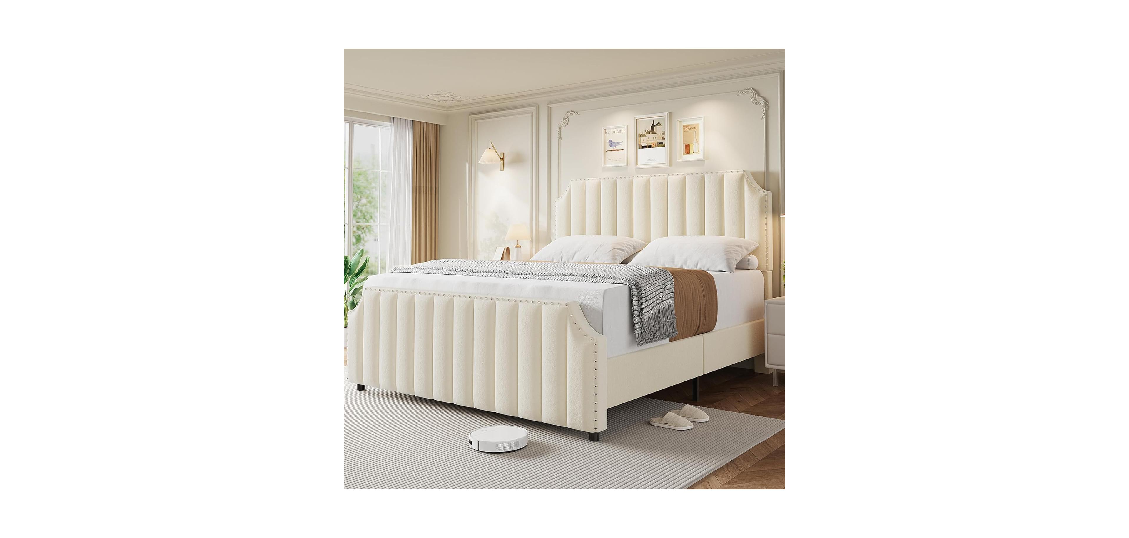 Gaomon Queen Velvet Bed Frame with 50.2" Tufted Headboard & Footboard, Nailhead Trim, No Box Spring Needed, Noise-Free