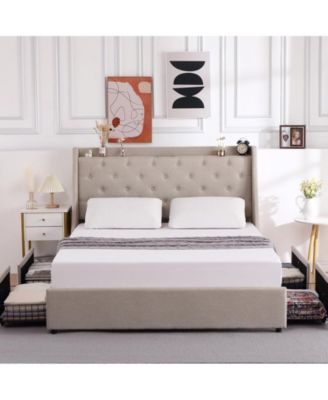 Full Bed Frame with Charging Station, Upholstered Platform Bed Frame with Wingback Headboard