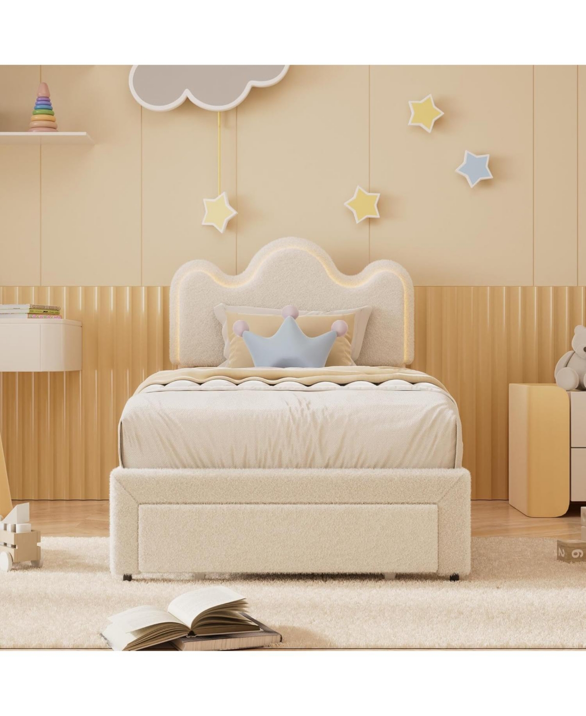 gaomon Princess Bed Frame with Led Headboard & Storage Drawers, Adjustable Boucle Platform for Girls