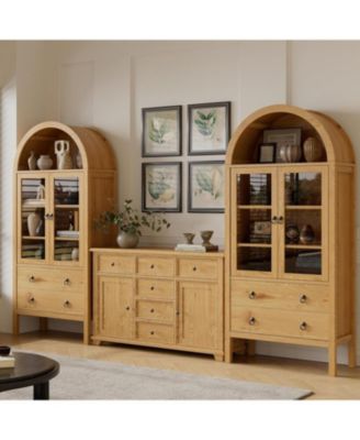 71" Arched Farmhouse Pantry Cabinet with Glass Doors, 2 Drawers & Adjustable Shelves, Display Hutch for Kitchen Dining Living Room