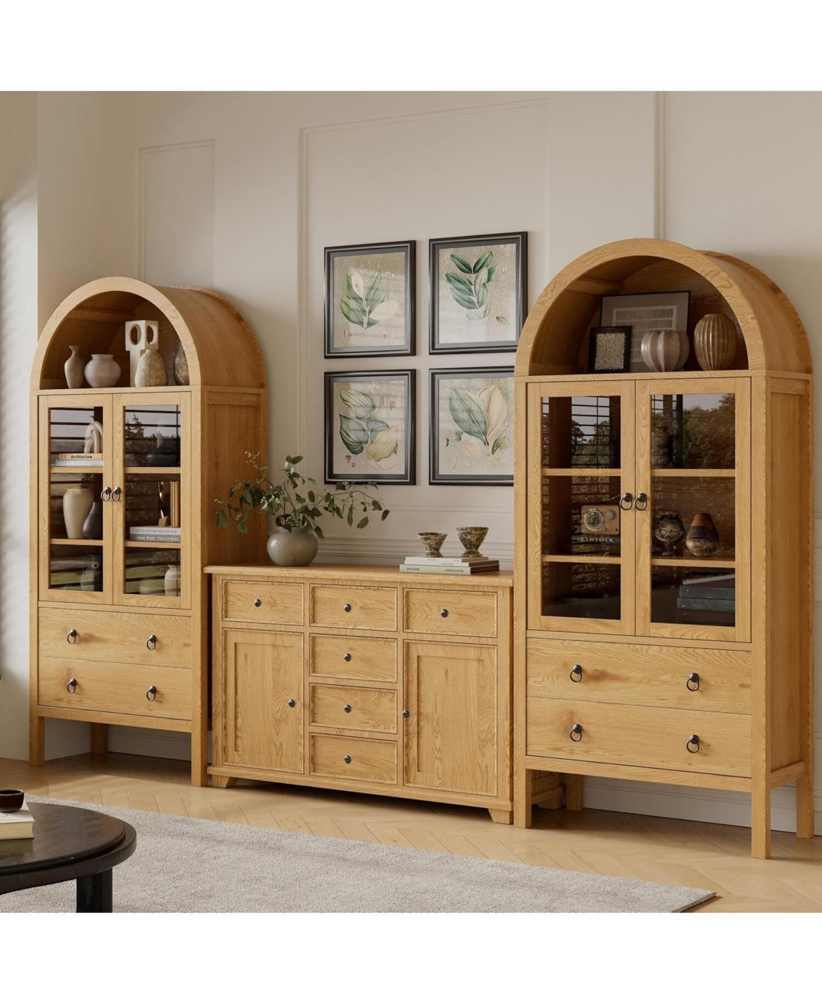 Gaomon 71" Arched Farmhouse Pantry Cabinet with Glass Doors, 2 Drawers & Adjustable Shelves, Display Hutch for Kitchen Dining Living Room