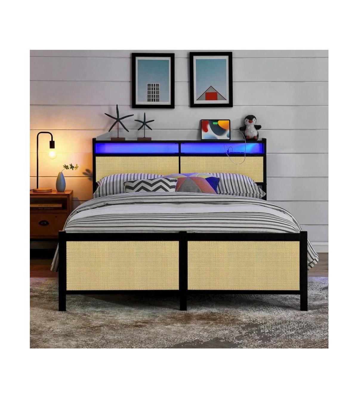 gaomon Full Size/Queen Size Bed Frame with Rattan Headboard, Metal Platform Bed with Led Light Usb Charging Port