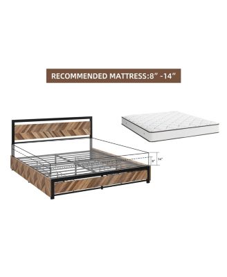 Queen Size Bed Frame with 4 Storage Drawers, Metal Platform Bed Frame with Rustic Vintage Wood Headboard