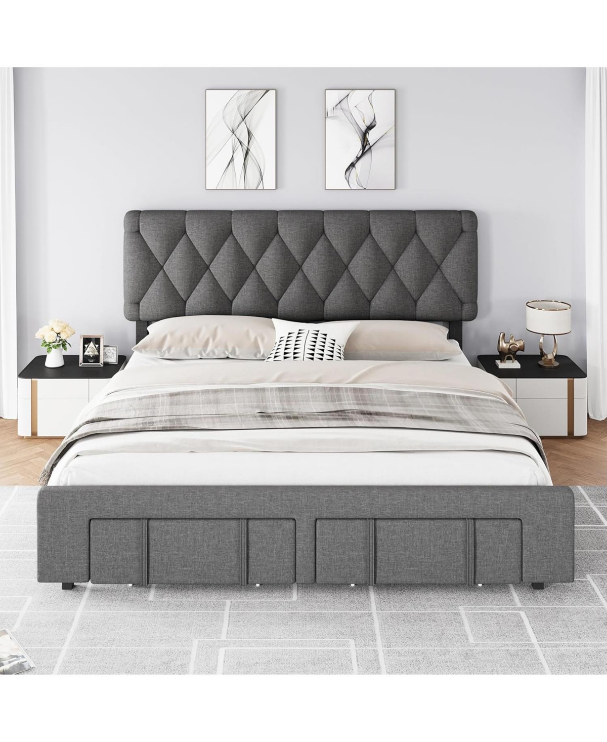 Gaomon Upholstered Platform Bed Frame with 2 Storage Drawers, Solid Wood Slats, No Box Spring Needed