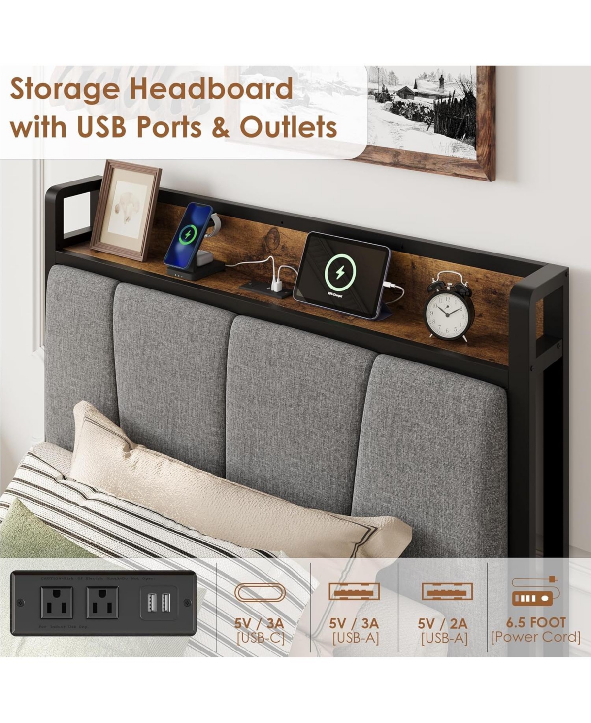 gaomon King Size Upholstered Bed Frame with Storage Headboard, 2 Drawers, Usb Charging Station, No Box Spring Needed, Heavy Duty