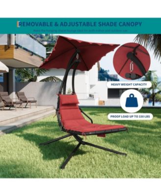 Chaise Lounger Swing Chair with Umbrella Canopy, Patio Hanging Lounge Chair with Stand, Curved Steel Outdoor Chair for Pool, Garden, Backyard