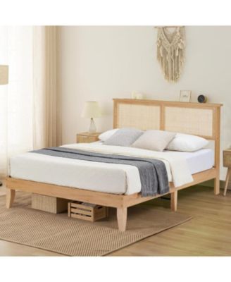 Bohemian Platform Bed Frame with Rattan Storage Headboard, Adjustable LED Lights, Solid Wood Support, No Box Spring Needed - Full