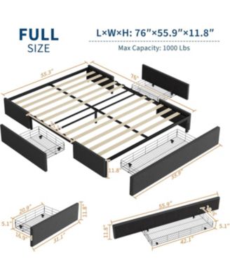 Full Bed Frame with 3 Storage Drawers, Upholstered Platform, Wooden Slat Support, Customizable Headboard, No Box Spring Needed