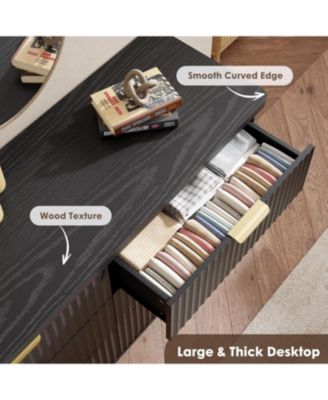 Fluted Dresser for Bedroom with 6 Deep Drawers, 47in Tall Chest of Drawers with Faux Marble Top, Curved Profile Design, Black