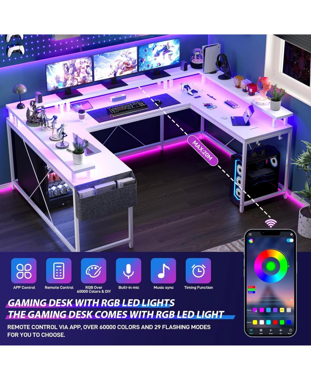 gaomon 78" White U-Shaped Computer Desk with Power Outlets & Rgb Led, Reversible L-Shaped Home Office Desk