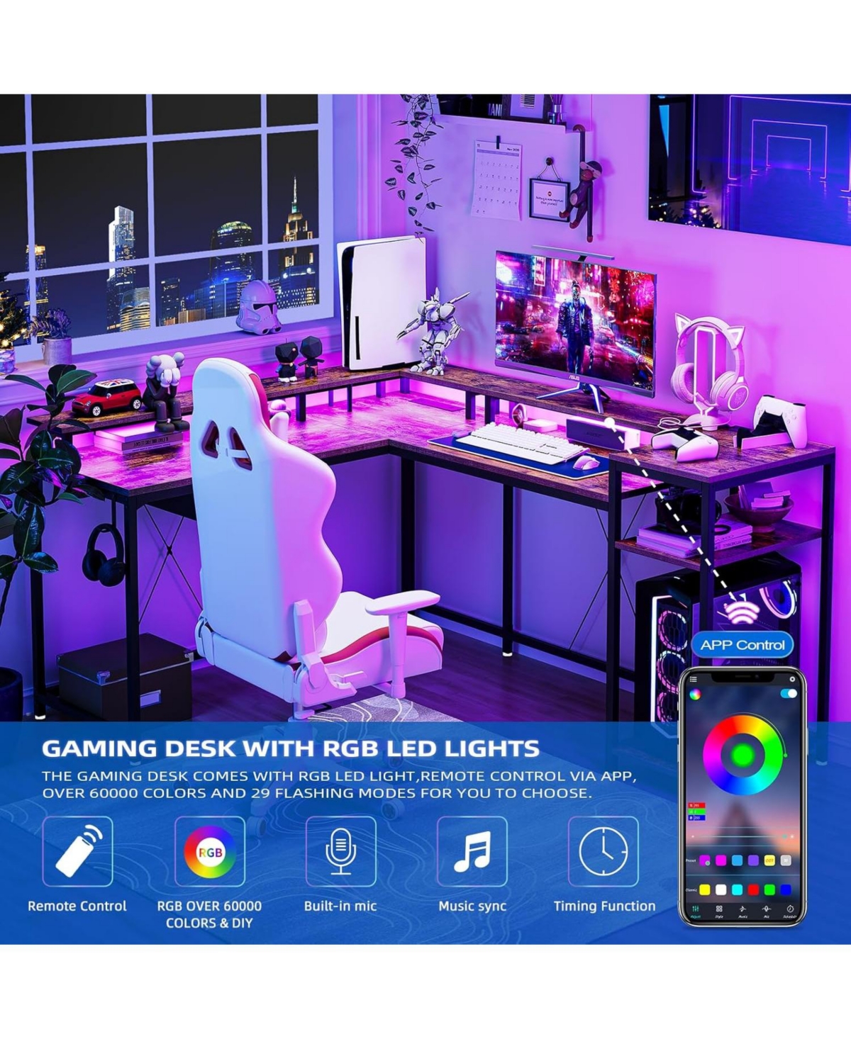 gaomon 55" Brown L-Shaped Desk with Drawer & Led, Versatile Corner Home Office Desk with Usb Charging, Power Outlet, Monitor Stand