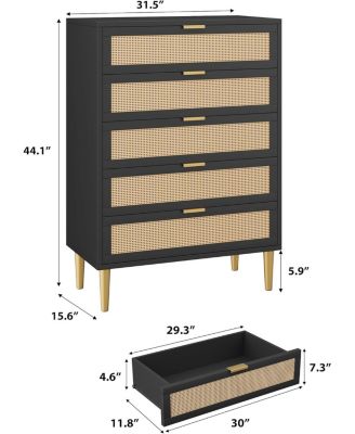 5-Drawer Rattan Dresser, 44" Tall, Farmhouse Wood Vertical Chest with Metal Legs & Handles, Bedroom, Living Room, Black