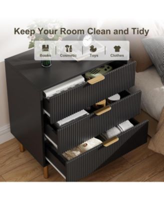 3-Drawer Modern Black Dresser, 30" Tall, Fluted Chest with Gold Handles, Anti-Tip Device, Bedroom, Living Room, Kids Room