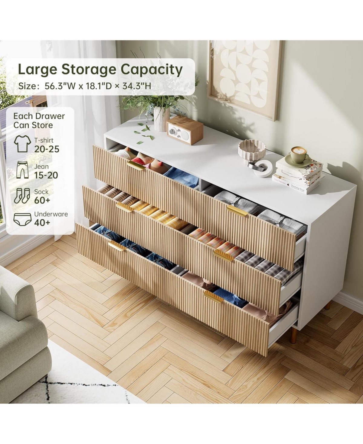 gaomon 6-Drawer Modern Natural Dresser, Gold Handle, Wide Double Chest, Large Drawer Storage Organizer for Bedroom, Living Room, Entryway