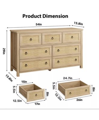7-Drawer Freestanding Rattan Cabinet Dresser, Wood Chest with Anti-Tip, Storage Organizer for Bedroom, Living Room