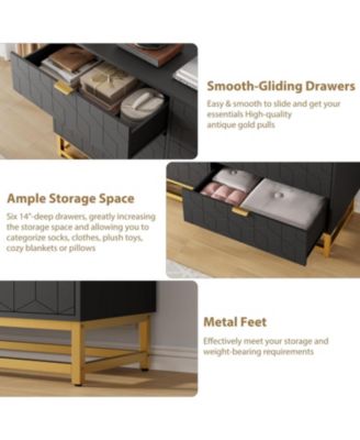 53.5 Inch 6-Drawer Modern Dresser, Wide Chest with Gold Metal Legs & Handles, Storage for Bedroom, Living Room, Hallway
