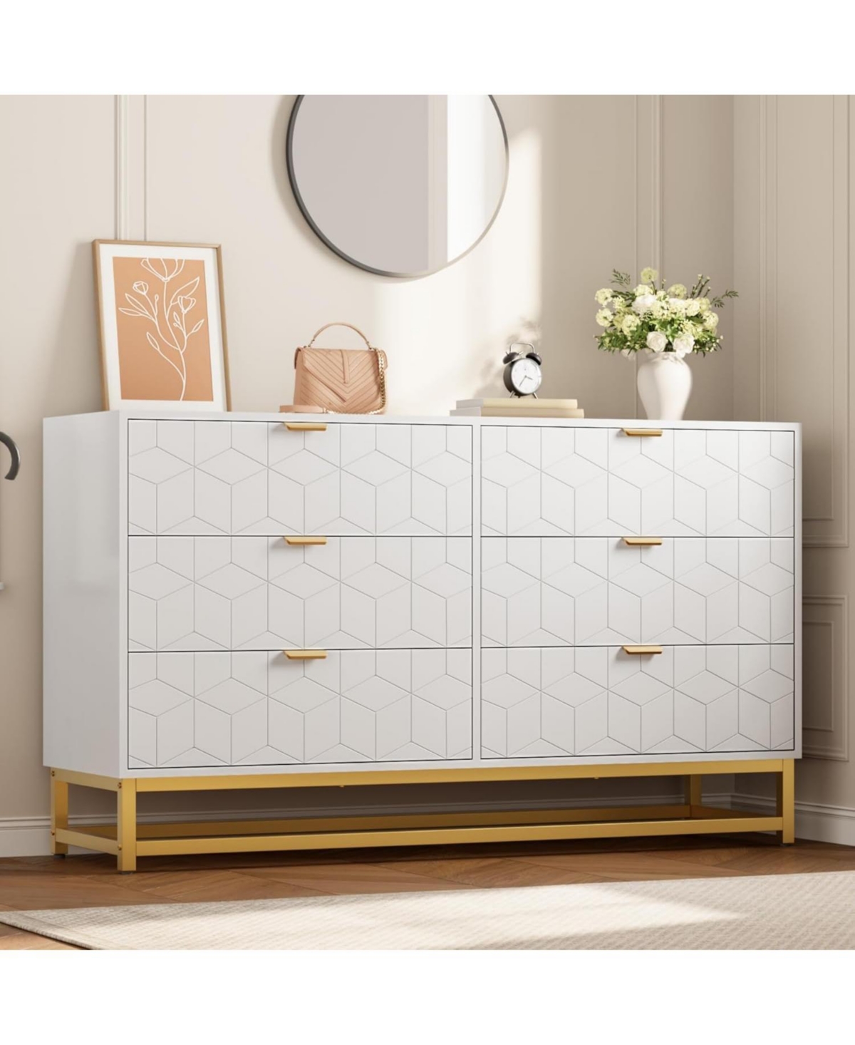 gaomon 53.5 Inch 6-Drawer Modern Dresser, Wide Chest with Gold Metal Legs & Handles, Storage for Bedroom, Living Room, Hallway, White