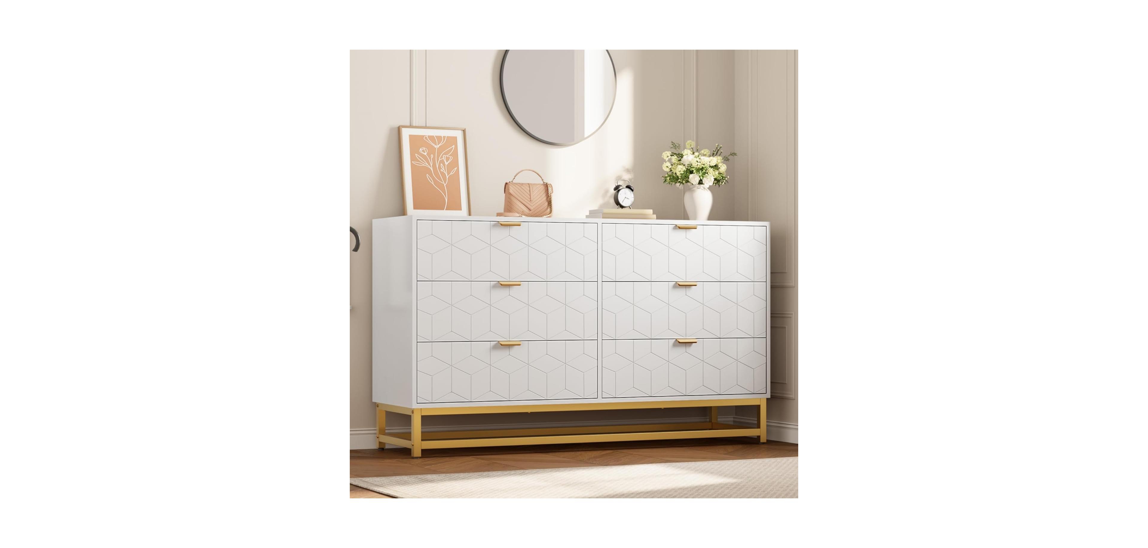 gaomon 53.5 Inch 6-Drawer Modern Dresser, Wide Chest with Gold Metal Legs & Handles, Storage for Bedroom, Living Room, Hallway, White