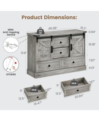 4-Drawer Farmhouse Painted Engineered Wood Dresser, Sliding Barn Doors, Removable Divider, Bedroom, Grey