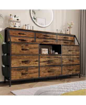 14 Foldable Fabric Drawer Dresser with Wood Top, TV Stand, Open Shelves, Metal Frame, Bedroom, Living Room, Brown
