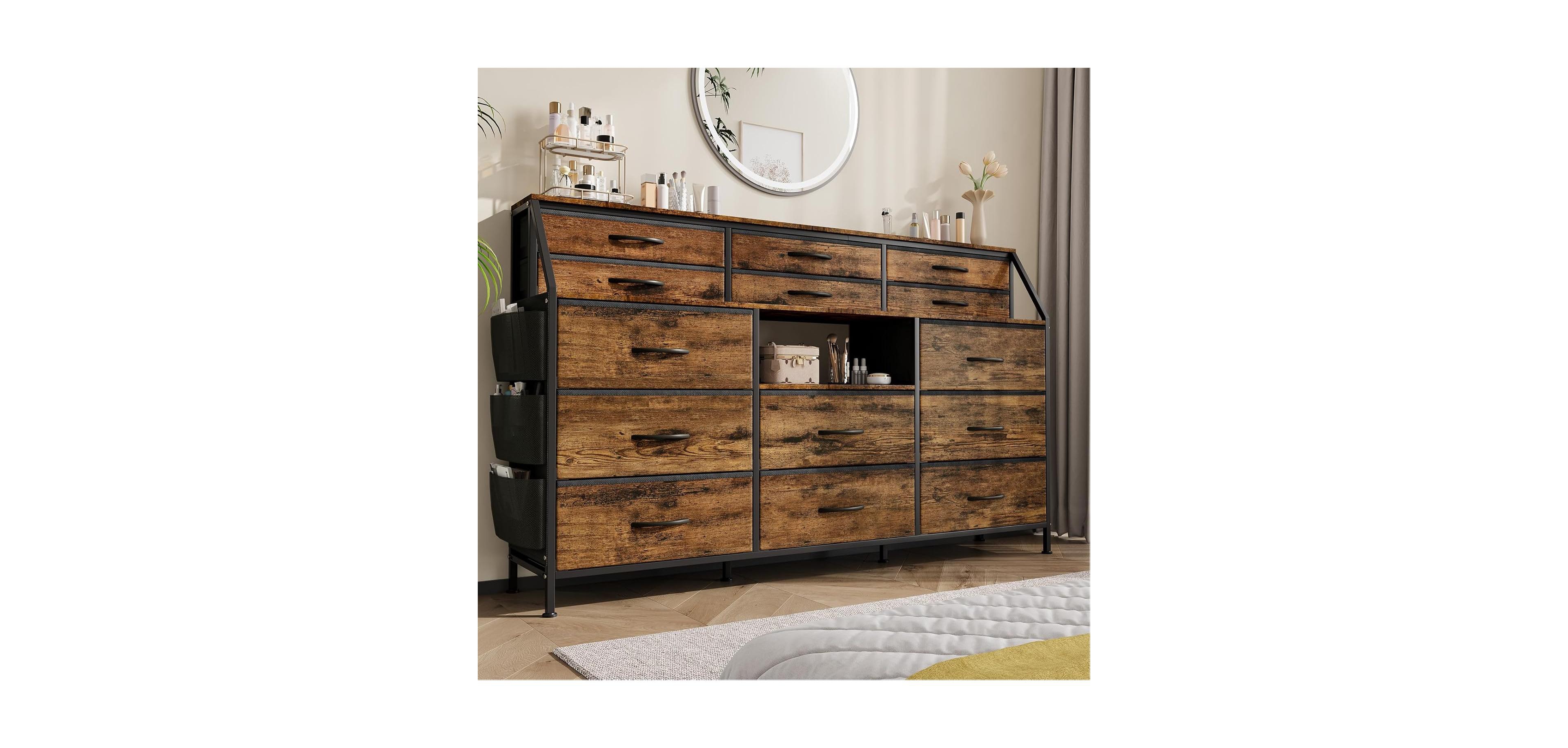 gaomon 14 Foldable Fabric Drawer Dresser with Wood Top, Tv Stand, Open Shelves, Metal Frame, Bedroom, Living Room, Brown
