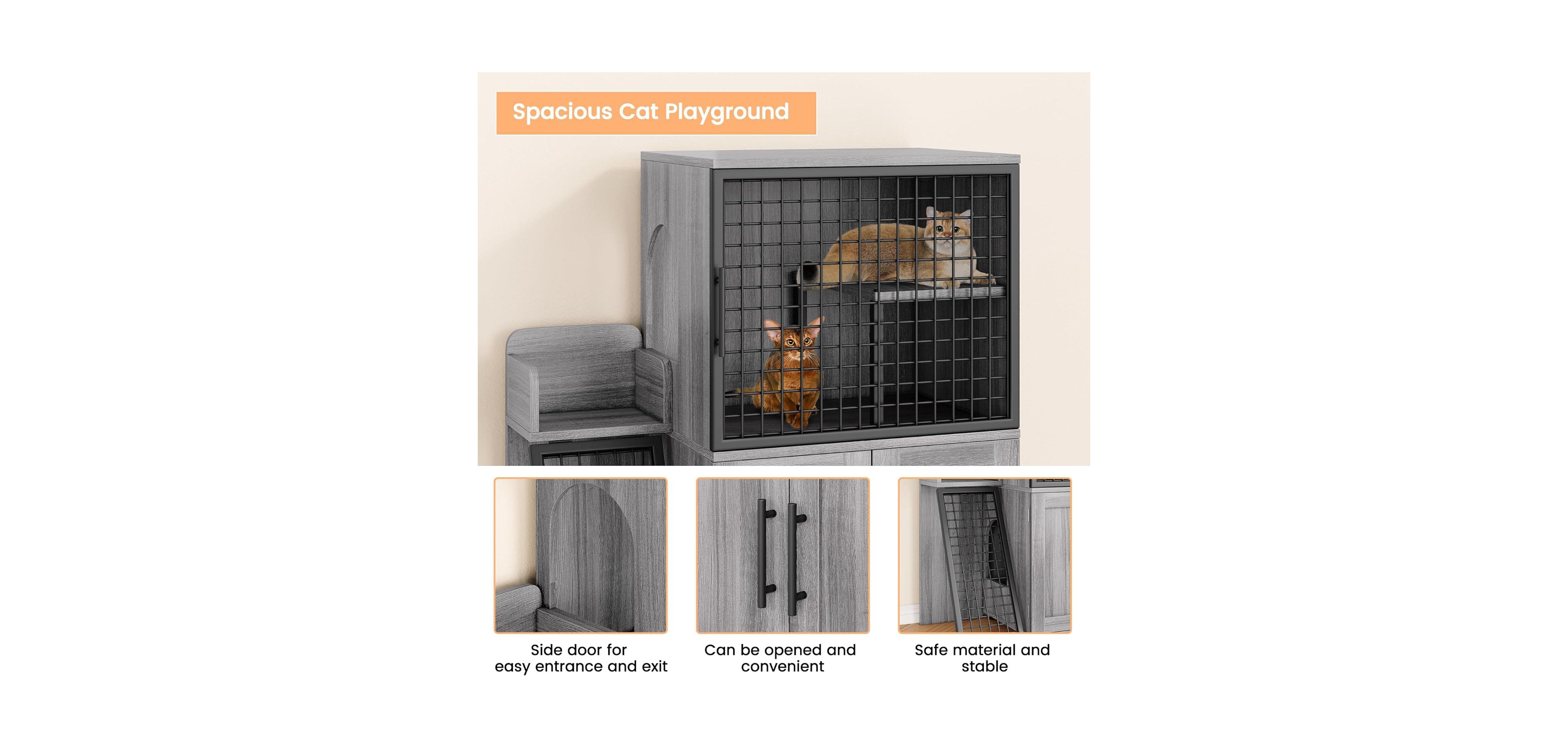 gaomon Modern Cat Litter Box Enclosure, Dual Layer Hidden Washroom, Sturdy Ladder, Indoor Cat Cabinet, Black