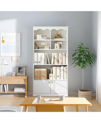 5-Tier Modern Bookshelf Display Cabinet, 63" Floor Standing Storage Organizer, Walnut Finish, White