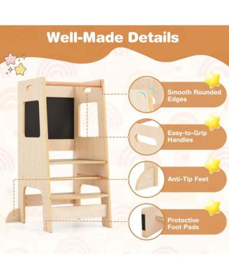 Girls Kitchen Step Stool with Activity Chalkboard Adjustable Height & Safety Rail