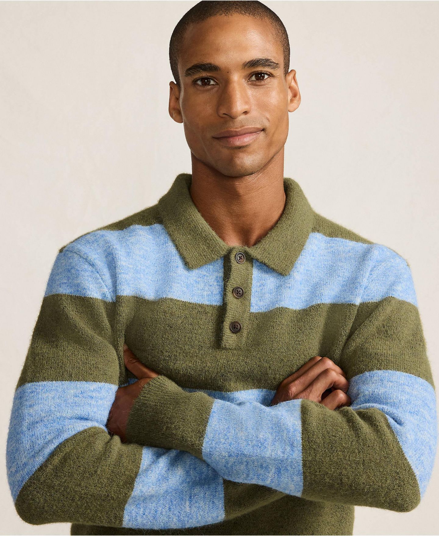 Мужские рубашки Lands' End Long Sleeve Fuzzy Sweater Polo, цвет: Оливковый меланжевый полосатый — фото 4