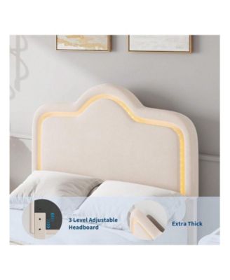 Upholstered LED Bed Frame with Headboard and Footboard Velvet Princess Platform Bedframe for Kids or Girls Wooden Slats Support No Box Spring