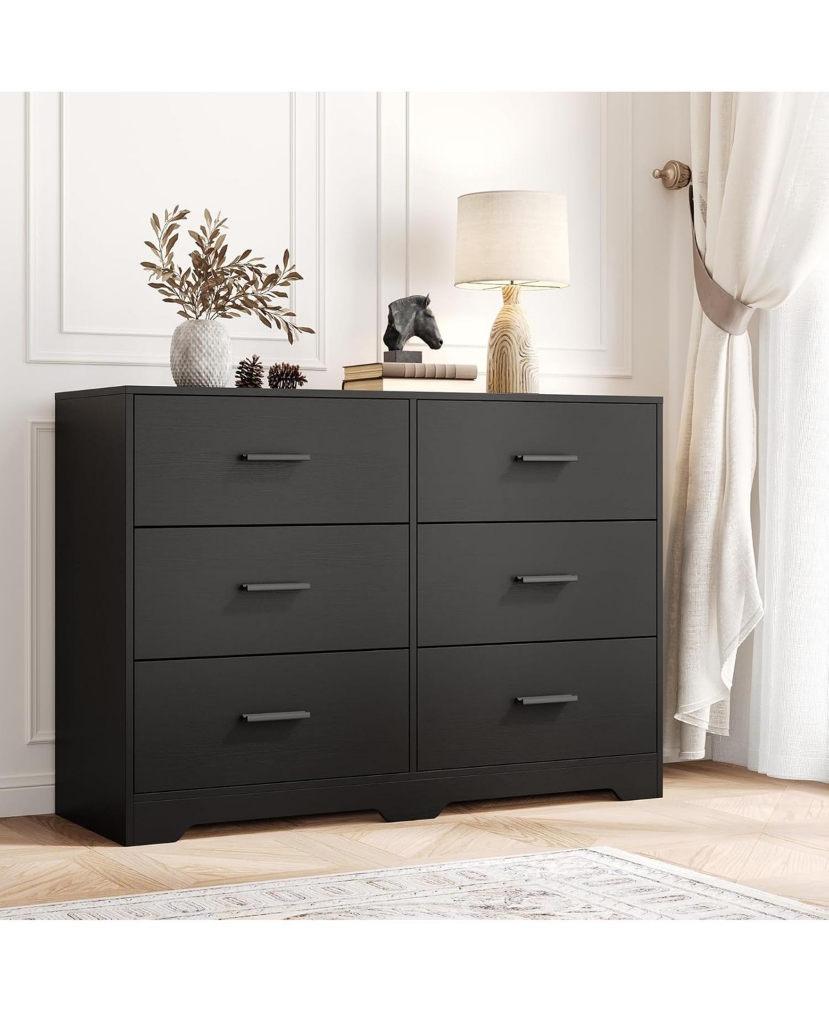 gaomon 6-Drawer Black Double Dresser 47" Wide, Modern Chest Tv Stand, Storage Cabinet with Metal Handles, Bedroom, Hallway