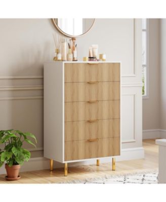 5-Drawer Modern Natural Dresser, Wood Chest Organizer with Gold Handle, Tall Cabinet for Bedroom, Living Room, Entryway