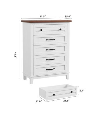 5-Drawer White Freestanding Wooden Chest, 41.3" Tall, Brown Top, Vertical Dresser for Living Room, Bedroom