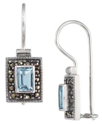 Marcasite (0.34 ct. t.w.) and Blue Topaz (0.40 ct. t.w.) French Wire Rectangle Earrings in Sterling Silver