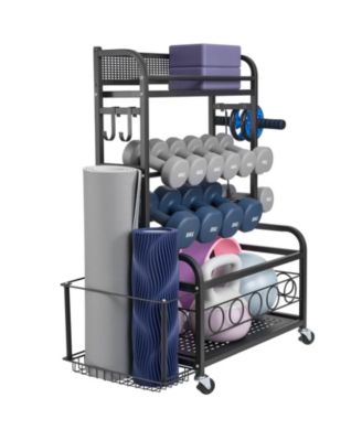 Yoga Mat Storage Rack, Steel Organizer with Hooks and Wheels for Dumbbells, Kettlebells and Fitness Accessories