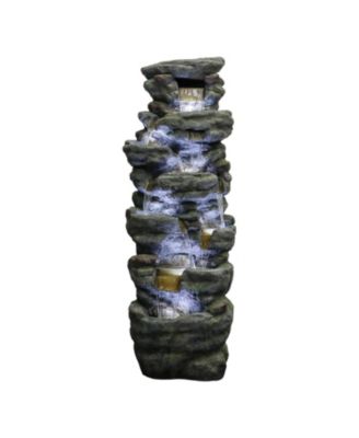 51" High Multi-Tier Outdoor Rock Water Fountain with LED Lights, Large Resin Waterfall Fountain for Garden, Patio, Yard & Deck