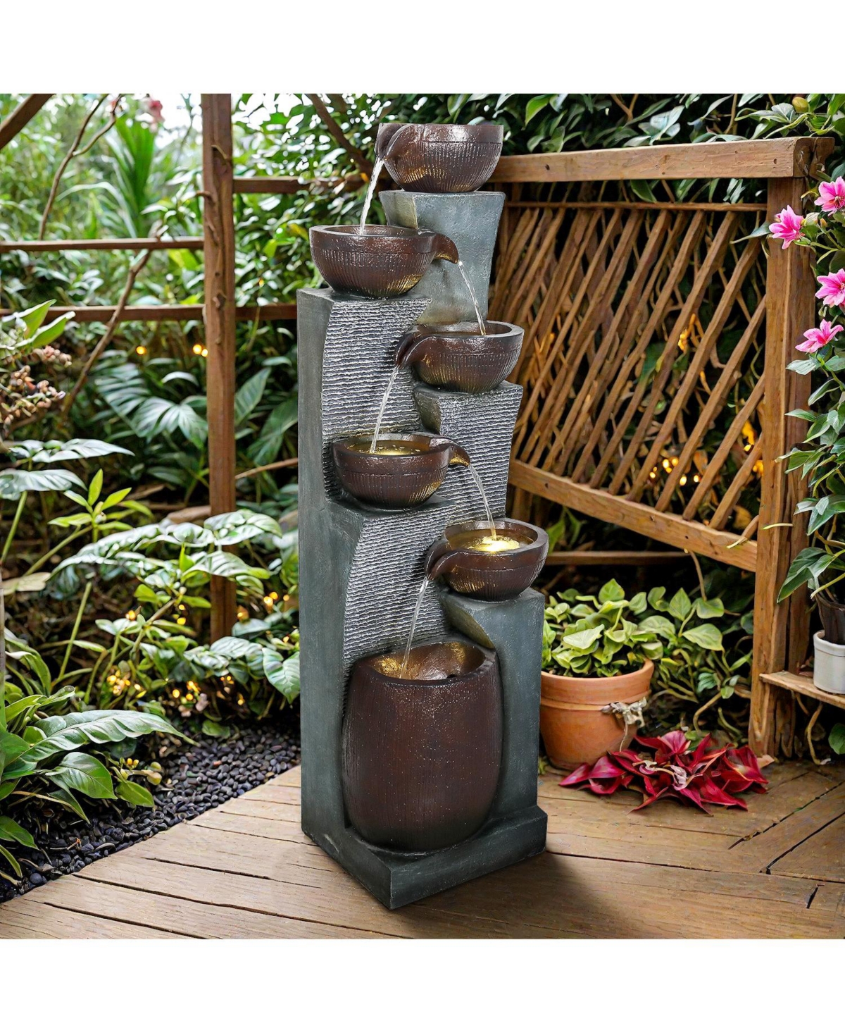 Sunjet 53.5" High 6-Tier Outdoor Indoor Water Fountain, Polyresin Cascading Waterfall with Led Lights for Garden, Patio, Yard, Home Decor