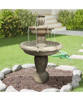 48”H 3-Tier Outdoor Water Fountain – Concrete Cascading Floor Fountain with Pump for Garden, Patio, Yard & Home Decor