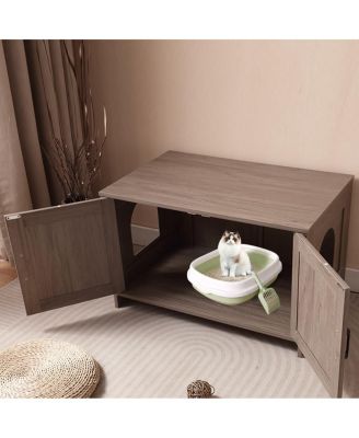 Greige Barn Door Cat Litter Box Enclosure End Table