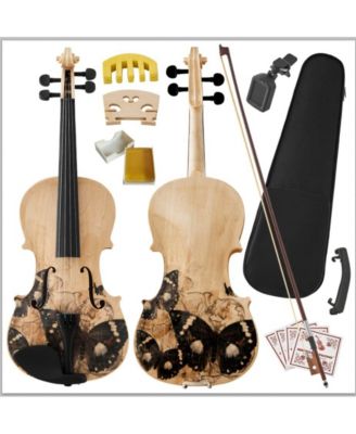 Beginner Violin Full Size 4/4 Solid Wood Full Set with Carry Case Mute Bow Shoulder Rest for Student Adults Starter Beautiful Butterfly