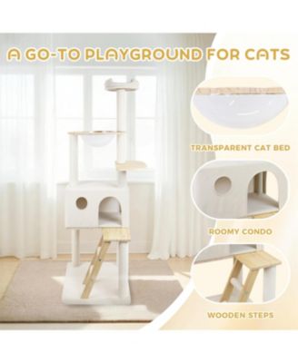 Cat Tree with large condo wood ladder in White
