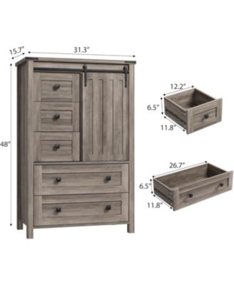 5-Drawer Farmhouse Dresser, 48" Tall, Sliding Barn Door, Adjustable Shelf, Bedroom, Hallway, Living Room, Kitchen