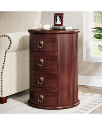 Solid Wood End Table, Round Side Table with 4 Drawers