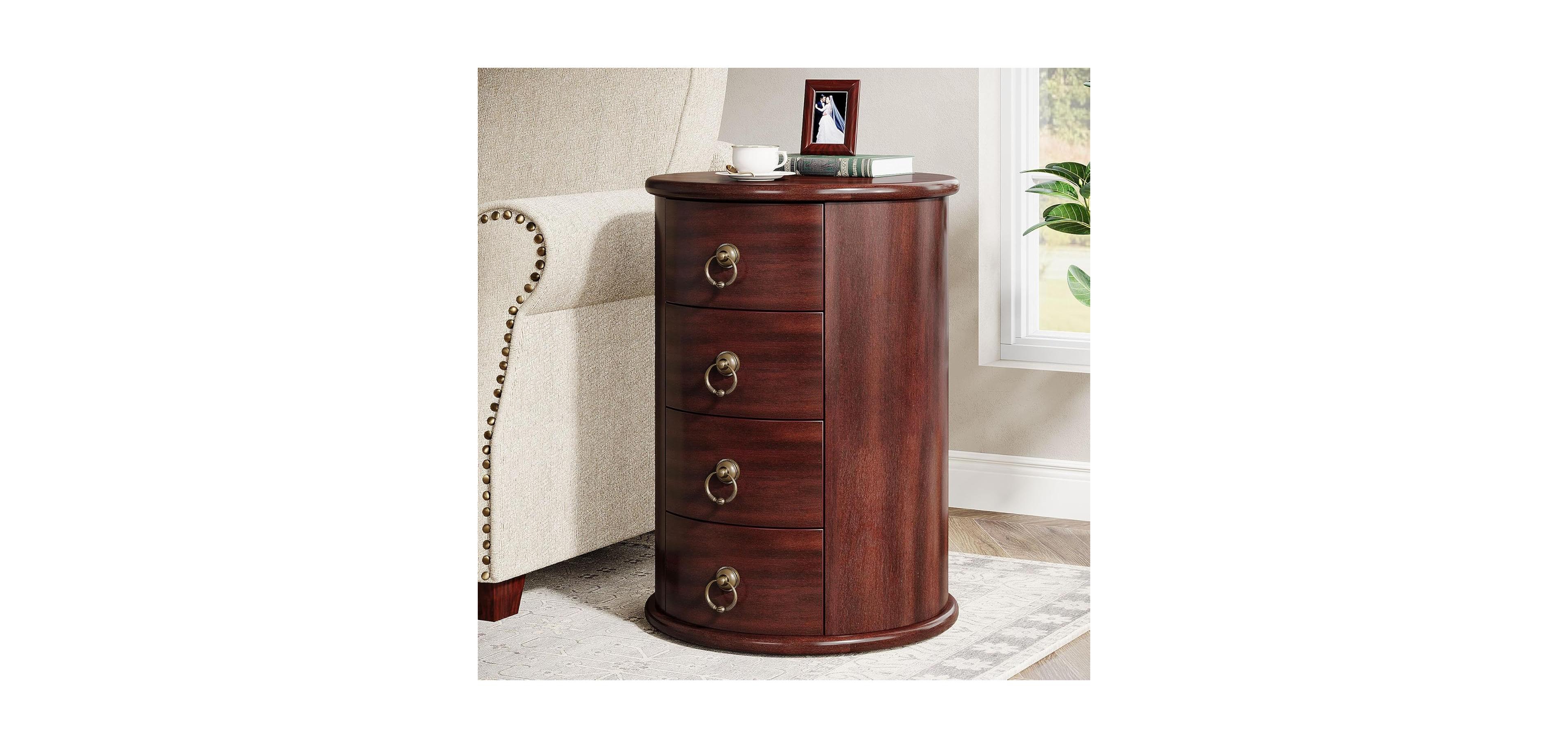 Tribesigns Solid Wood End Table, Round Side Table with 4 Drawers