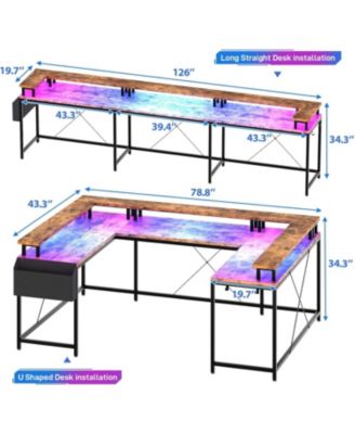 78" U-Shaped Computer Desk with Power Outlets & RGB LED, Reversible L-Shaped Home Office Desk with Storage