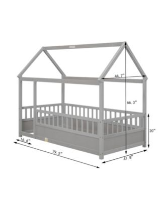 Wooden Floor Bed with House Frame and Fence Guardrails