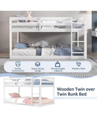 Twin over Twin Low Bunk Bed with Guardrails Integrated Ladder Kids Wooden