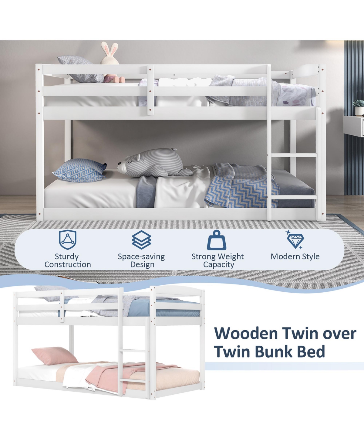 Costway Twin over Low Bunk Bed with Guardrails Integrated Ladder Kids Wooden