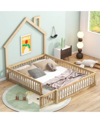 Wood Full Size House Platform Bed with Guardrail