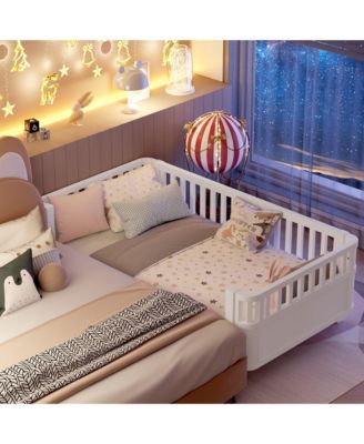 Twin Size Wood Platform Bed for Kids with Low Profile and Safety Rails, White (Patented Design)